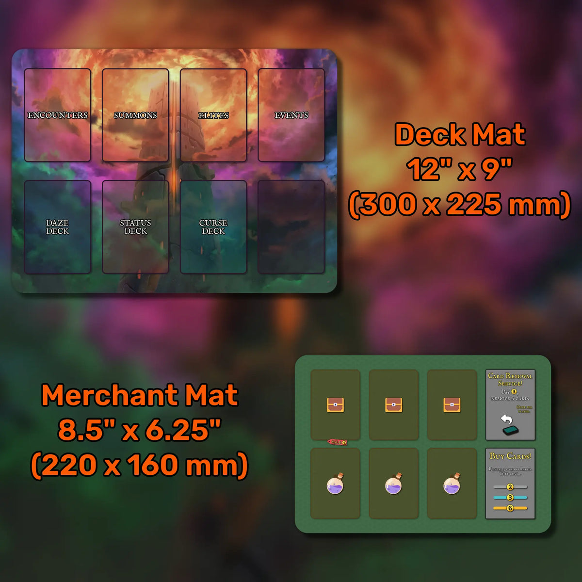 Slay the Spire: The Board Game playmat set, featuring a 36" x 24" large mat, 18" x 8" player mats, 12" x 9" deck mat, and 8.5" x 6.25" merchant mat. Made of 3 mm neoprene with stitched edges and non-slip rubber backing, designed for organized and immersive gameplay.