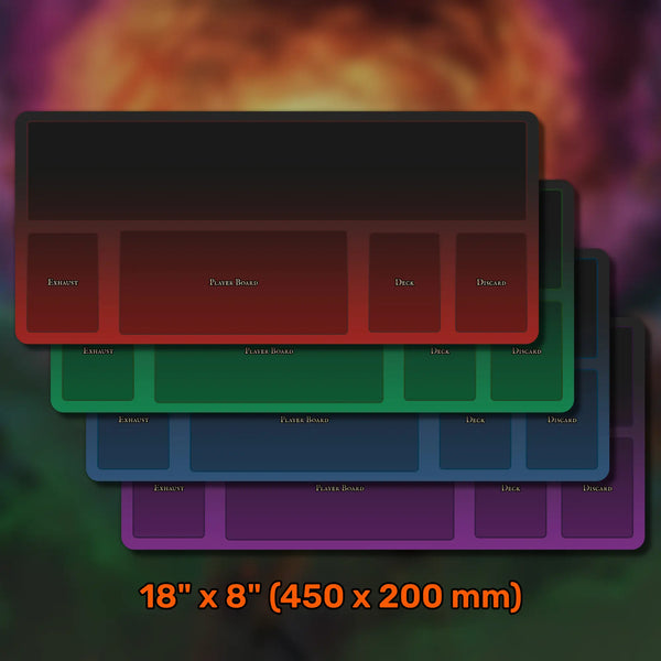 Slay the Spire: The Board Game playmat set, featuring a 36" x 24" large mat, 18" x 8" player mats, 12" x 9" deck mat, and 8.5" x 6.25" merchant mat. Made of 3 mm neoprene with stitched edges and non-slip rubber backing, designed for organized and immersive gameplay.