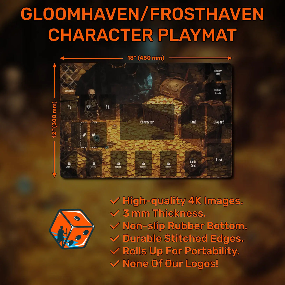 Custom Frosthaven player mat made of 3 mm neoprene with stitched edges, sized at 18" x 12". Features clear zones for character cards, ability decks, item cards, and status effects. Smooth top and non-slip rubber base ensure durability, stability, and efficient gameplay organization.