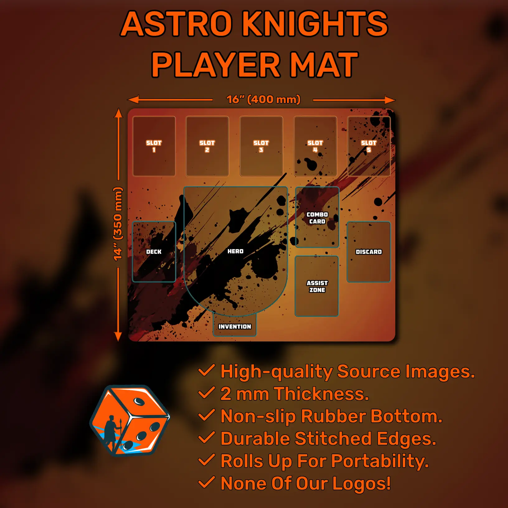 Astro Knights hero playmat, Orange theme, 16" x 14" (400 x 350 mm)