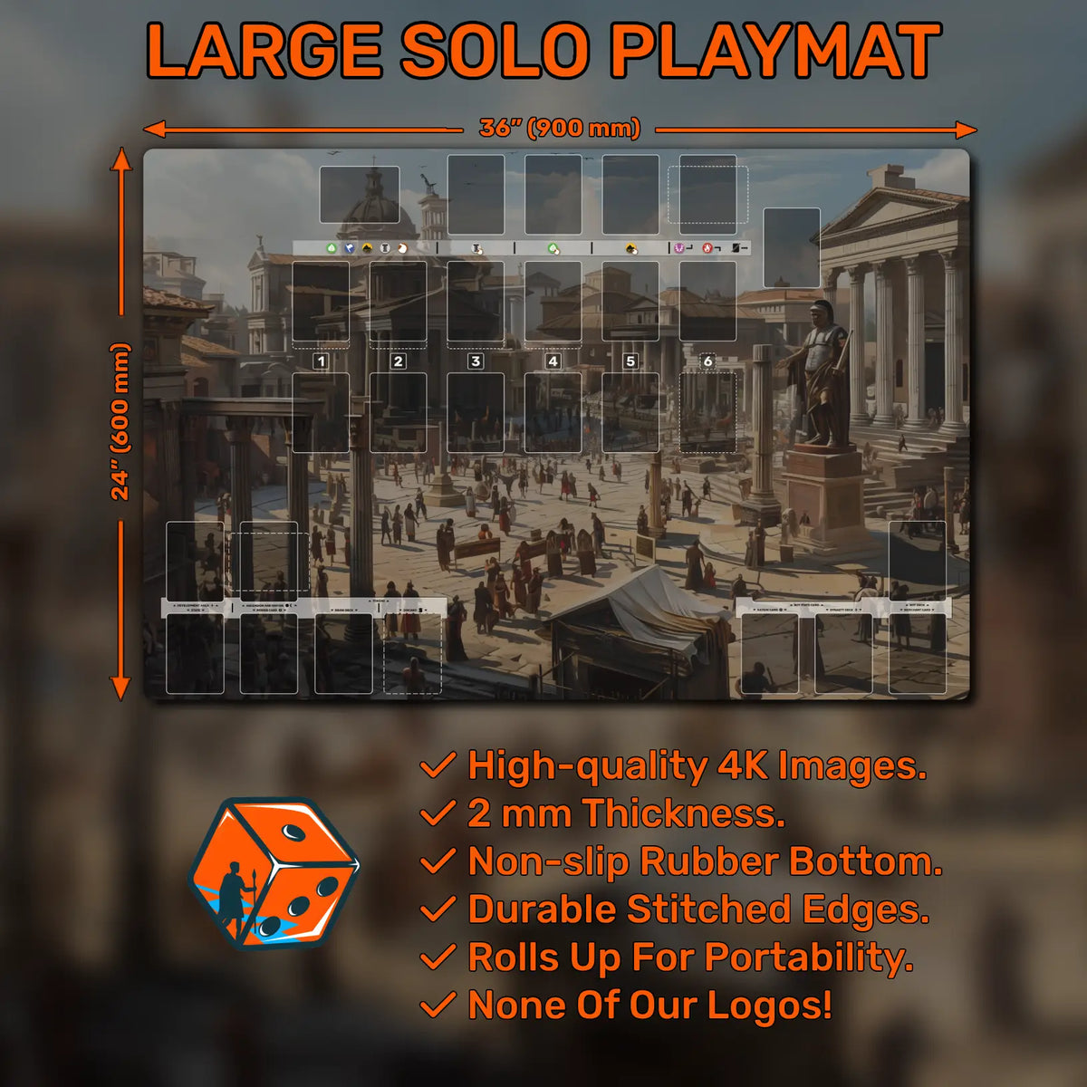 Large 36" x 24" solo playmat for Imperium: Horizons, Classics, and Legends. Combines solo market, player, and bot zones with dedicated areas for cards, market, and bot management. Made from 3 mm neoprene with stitched edges and a non-slip rubber backing for smooth gameplay.