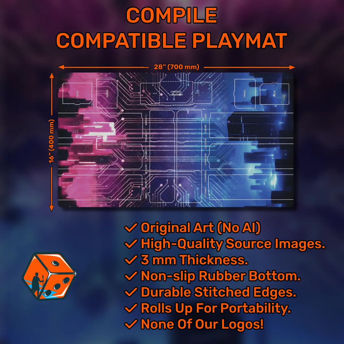 Compile: Main 1 playmat, 28" x 16" (700 x 400 mm), compatible neoprene themed card game accessory, No AI, Original Art