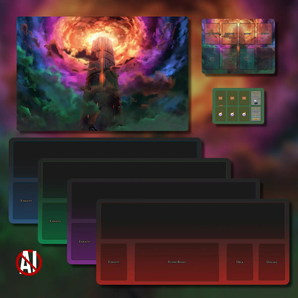 Slay the Spire: The Board Game playmat set, featuring a 36" x 24" large mat, 18" x 8" player mats, 12" x 9" deck mat, and 8.5" x 6.25" merchant mat. Made of 3 mm neoprene with stitched edges and non-slip rubber backing, designed for organized and immersive gameplay.